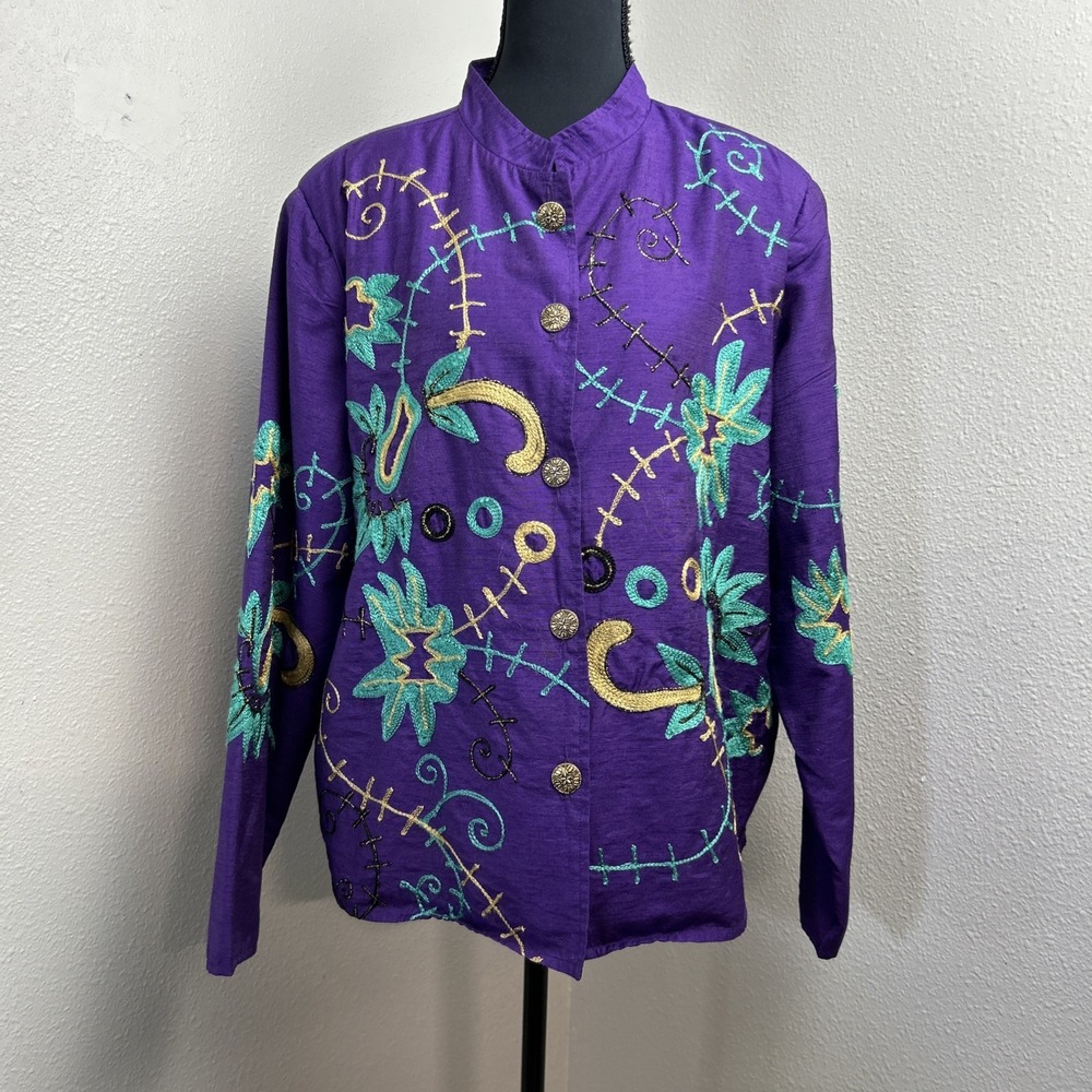 Alex Kim Wearable Art‎ Jacket Women's Large Quilted Embroidered Crochet Sequin